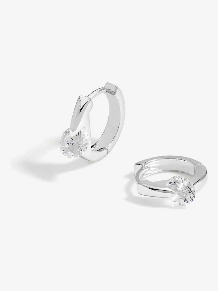 Simply Silver Silver Tone Sterling 925 Polished and Cubic Zirconia Besel Centre Stone Hoop Earrings - Image 1 of 3