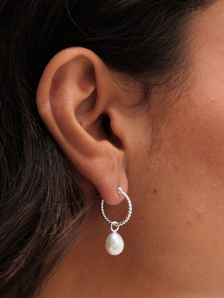 Simply Silver Silver Tone Recycled Sterling 925 Ribbed Hoop Pearl Drop Earrings - Image 2 of 3
