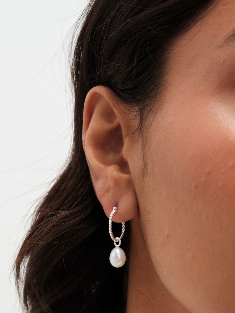 Simply Silver Silver Tone Recycled Sterling 925 Ribbed Hoop Pearl Drop Earrings - Image 3 of 3