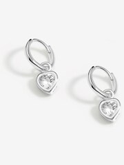 Simply Silver Silver Tone Sterling 925 Polished and Cubic Zirconia Crystal Heart Charm Hoop Earrings - Image 1 of 3