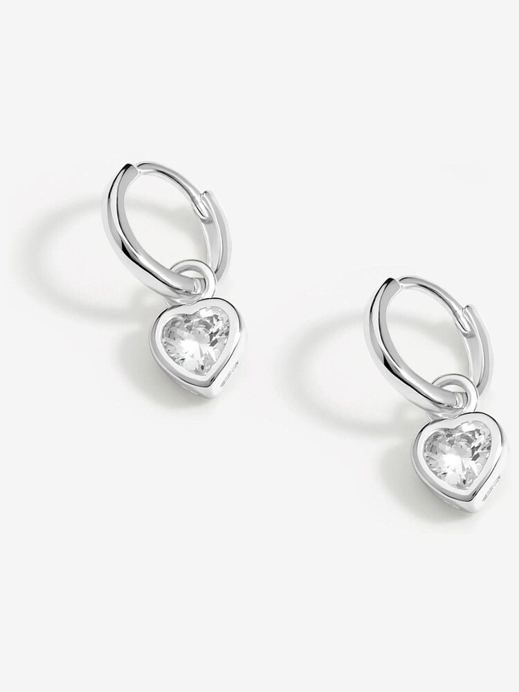 Simply Silver Silver Tone Sterling 925 Polished and Cubic Zirconia Crystal Heart Charm Hoop Earrings - Image 1 of 3
