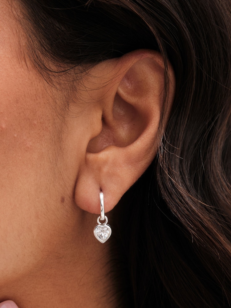 Simply Silver Silver Tone Sterling 925 Polished and Cubic Zirconia Crystal Heart Charm Hoop Earrings - Image 3 of 3