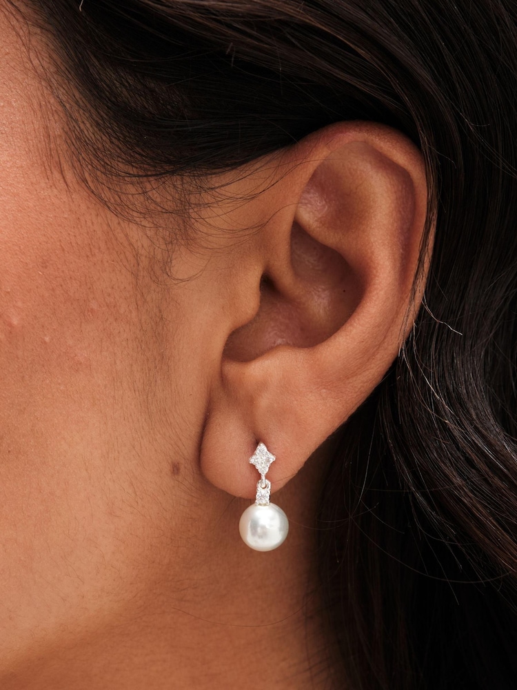 Simply Silver Silver Tone 925 Cubic Zirconia and Pearl Triangle Drop Earrings - Image 3 of 3 Simply Silver Silver Tone 925 Cubic Zirconia and Pearl Triangle Drop Earrings - Image 3 of 3