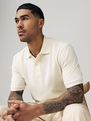 Ecru Cream Textured Waffle Button Through 100% Cotton Polo Shirt - Image 1 of 7