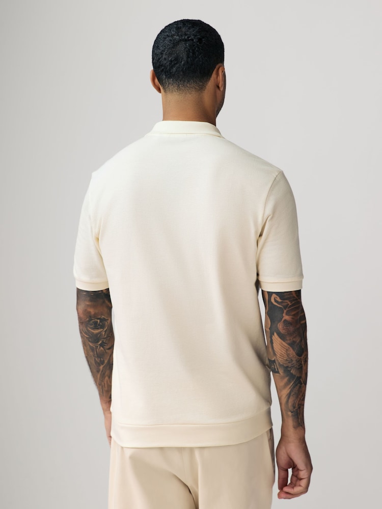 Ecru Cream Textured Waffle Button Through 100% Cotton Polo Shirt - Image 2 of 7