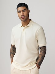 Ecru Cream Textured Waffle Button Through 100% Cotton Polo Shirt - Image 4 of 7