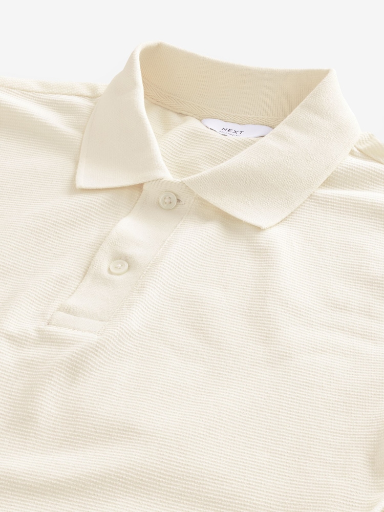 Ecru Cream Textured Waffle Button Through 100% Cotton Polo Shirt - Image 7 of 7