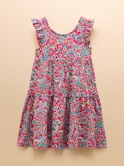 Joules Butterly Bright Pink Print Frill Sleeve Dress - Image 1 of 4