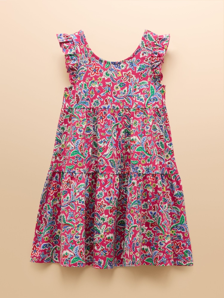Joules Butterly Bright Pink Print Frill Sleeve Dress - Image 1 of 4
