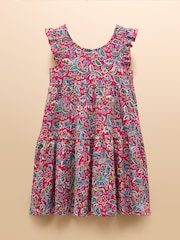 Joules Butterly Bright Pink Print Frill Sleeve Dress - Image 2 of 4