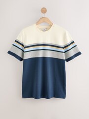 Navy Blue And Taupe Stripe Crew Neck 100% Cotton T-Shirt - Image 1 of 3