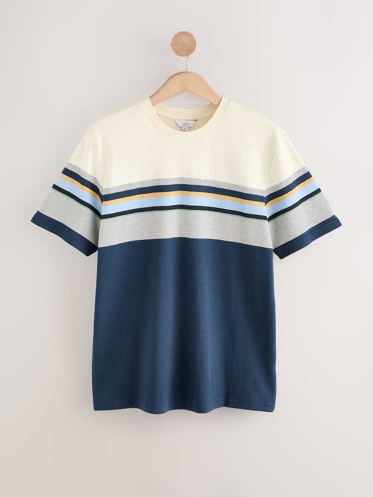 Navy Blue And Taupe Stripe Crew Neck 100% Cotton T-Shirt - Image 1 of 3