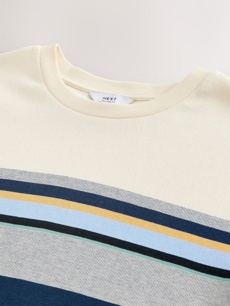 Navy Blue And Taupe Stripe Crew Neck 100% Cotton T-Shirt - Image 3 of 3
