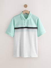 Teal Blue Stripe Interlock 100% Cotton Polo Shirt - Image 1 of 3