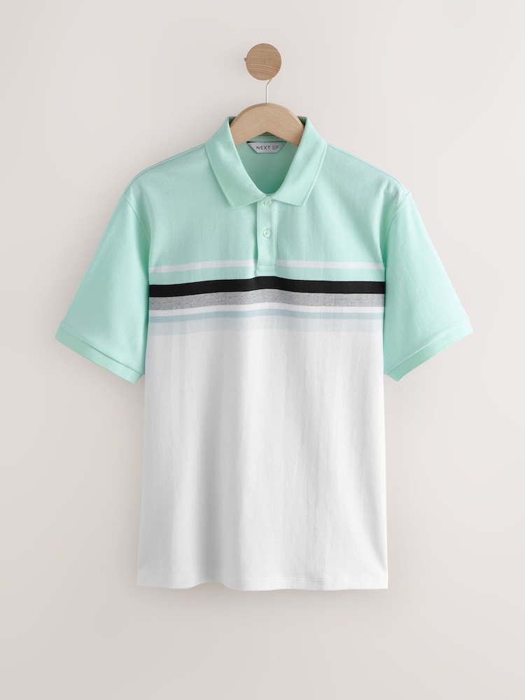 Teal Blue Stripe Interlock 100% Cotton Polo Shirt - Image 1 of 3