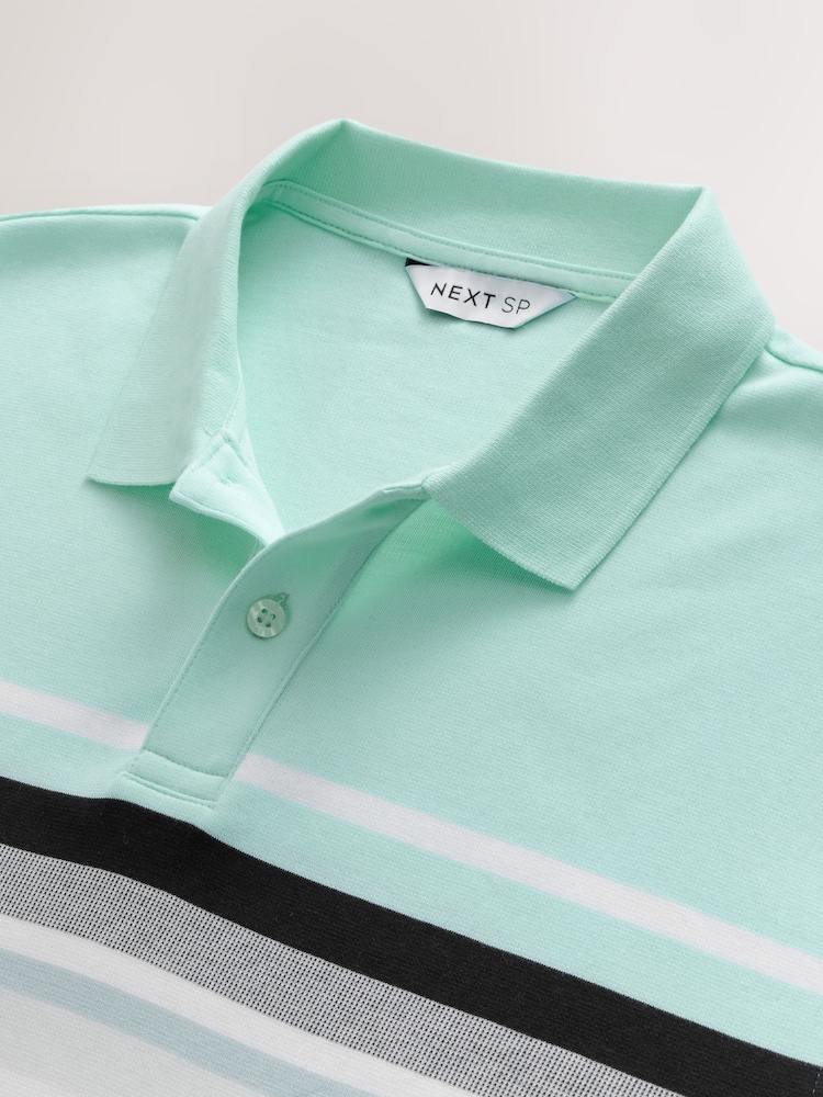 Teal Blue Stripe Interlock 100% Cotton Polo Shirt - Image 2 of 3