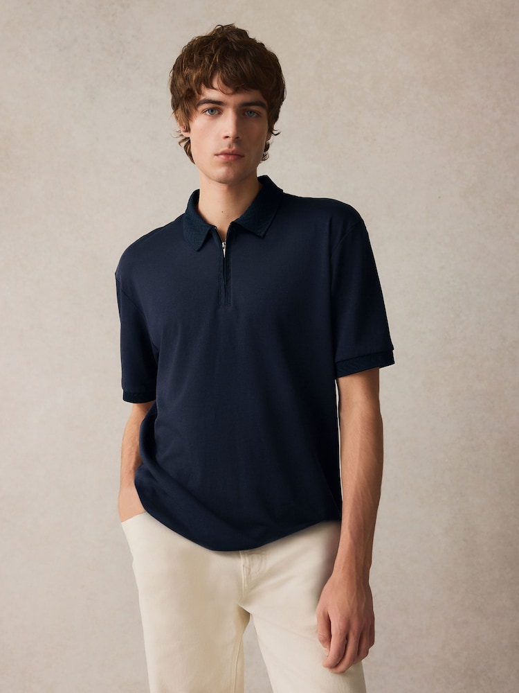 Navy Blue 100% Cotton Short Sleeve Smart Collar Polo Shirt - Image 1 of 8