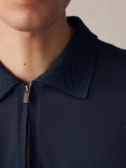 Navy Blue 100% Cotton Short Sleeve Smart Collar Polo Shirt - Image 5 of 8