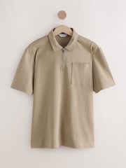 Light Stone Interlock Zip Neck 100% Cotton Polo Shirt - Image 1 of 3