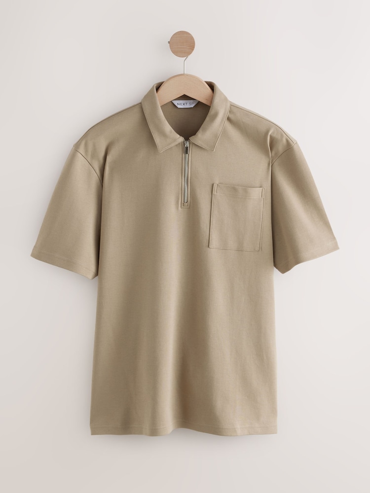 Light Stone Interlock Zip Neck 100% Cotton Polo Shirt - Image 1 of 3