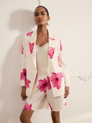 Ecru/Pink Floral Printed Blazer with Linen - Image 3 of 6