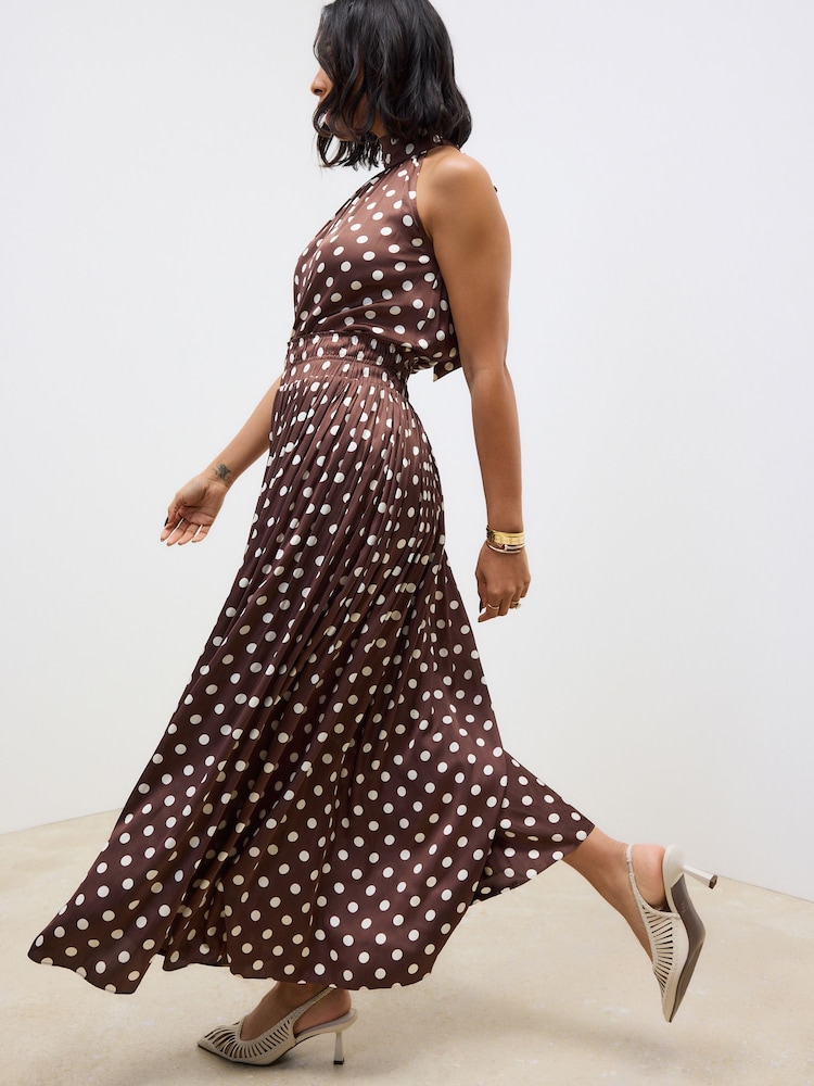 Brown Glossy Satin Polka Dot Maxi Skirt - Image 1 of 7