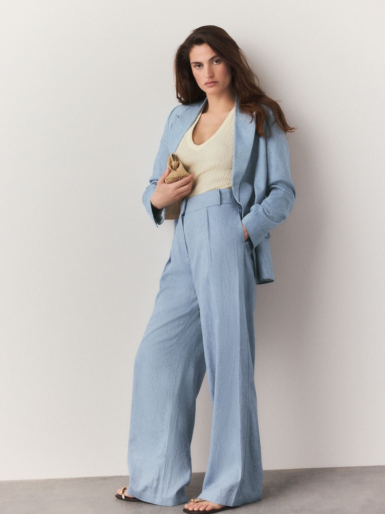 Blauwe chambray - Elastische broek met wijde pijpen aan de achterkant en linnen - Image 1 of 5