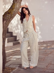 Green/Ecru Striped Elastic Back Wide Leg Trousers With Linen - Image 1 of 7