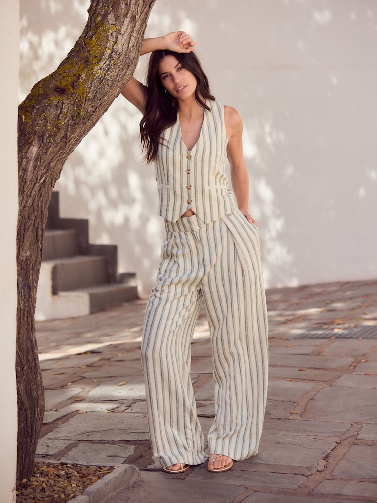 Green/Ecru Striped Elastic Back Wide Leg Trousers With Linen - Image 1 of 7