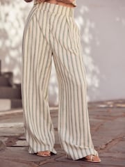 Green/Ecru Striped Elastic Back Wide Leg Trousers With Linen - Image 2 of 7
