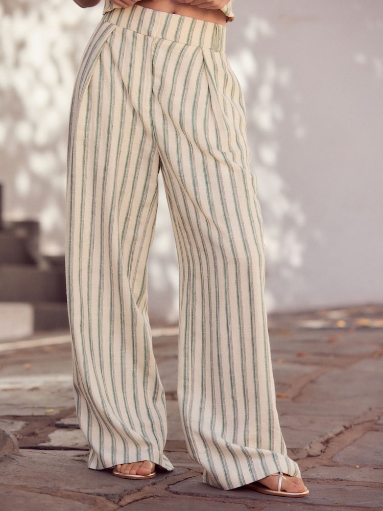 Green/Ecru Striped Elastic Back Wide Leg Trousers With Linen - Image 2 of 7