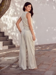 Green/Ecru Striped Elastic Back Wide Leg Trousers With Linen - Image 3 of 7