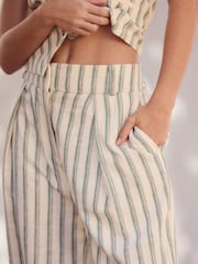 Green/Ecru Striped Elastic Back Wide Leg Trousers With Linen - Image 4 of 7