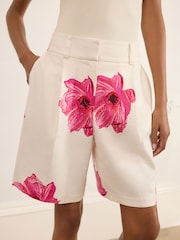 Ecru/Pink Floral Tailored Shorts with Linen - Image 5 of 6