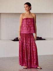 Rood/roze - Glanzende satijnen geplooide maxirok met print - Image 1 of 8