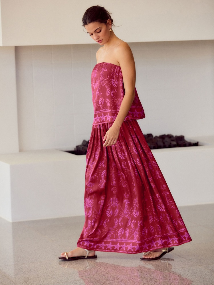 Rood/roze - Glanzende satijnen geplooide maxirok met print - Image 2 of 8