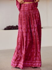 Rood/roze - Glanzende satijnen geplooide maxirok met print - Image 3 of 8