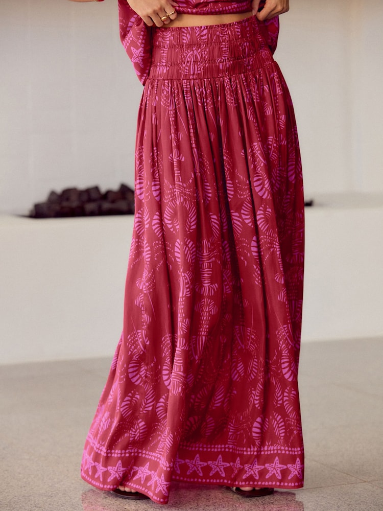 Rood/roze - Glanzende satijnen geplooide maxirok met print - Image 3 of 8