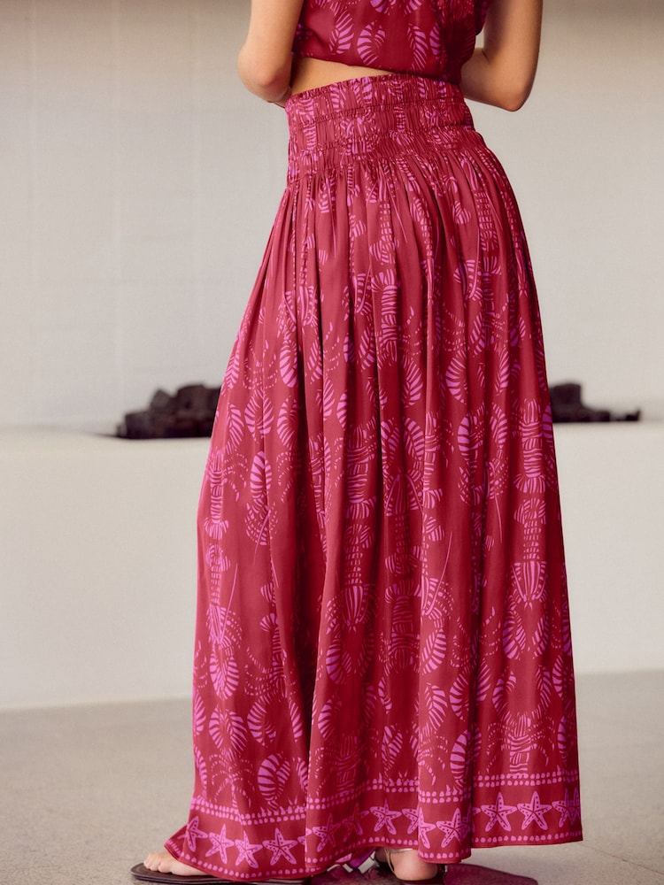 Rood/roze - Glanzende satijnen geplooide maxirok met print - Image 4 of 8