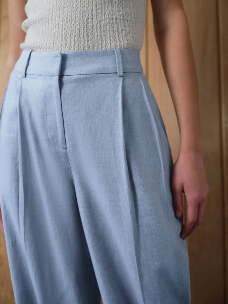 Bleu - Pantalon de travail texturé à dos élastique riche en lin - Image 3 of 8