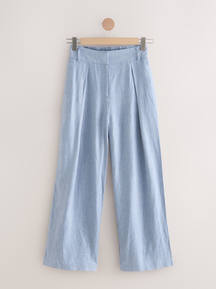 Bleu - Pantalon de travail texturé à dos élastique riche en lin - Image 6 of 8