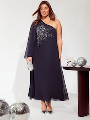 Friends Like These Navy Blue Curve One Shoulder Embellished Maxi Dress - Image 1 of 4
