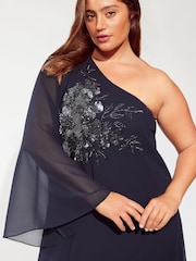 Friends Like These Navy Blue Curve One Shoulder Embellished Maxi Dress - Image 2 of 4