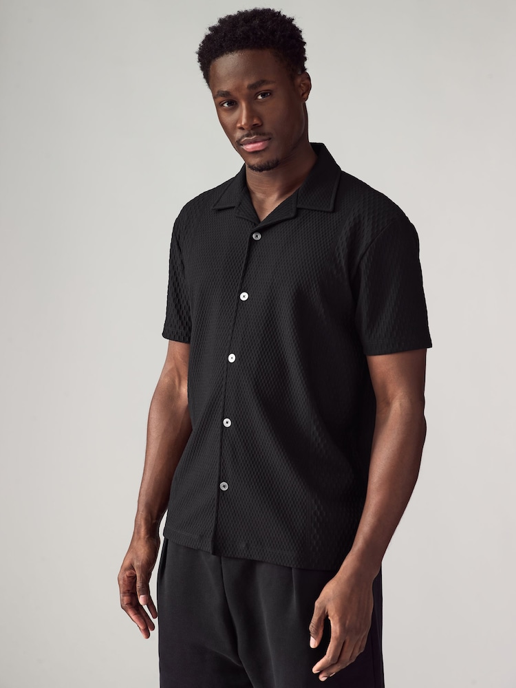 Negru proiectat - Cuban Guler Textured Jersey Mânecă scurtă Cămăși - Imaginea 2 din 7