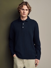 Marineblau/blau - Langärmeliges Poloshirt aus 100 % Baumwolle mit Waffelstruktur - Bild 1 von 7