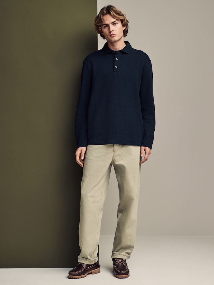 Marineblau/blau - Langärmeliges Poloshirt aus 100 % Baumwolle mit Waffelstruktur - Bild 2 von 7