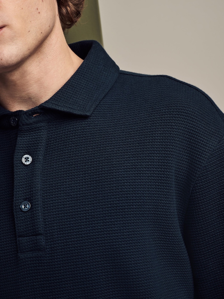 Navy Blue Long Sleeve Waffle Textured 100% Cotton Polo Shirt - Image 4 of 7
