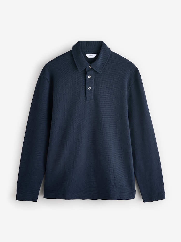 Navy Blue Long Sleeve Waffle Textured 100% Cotton Polo Shirt - Image 5 of 7