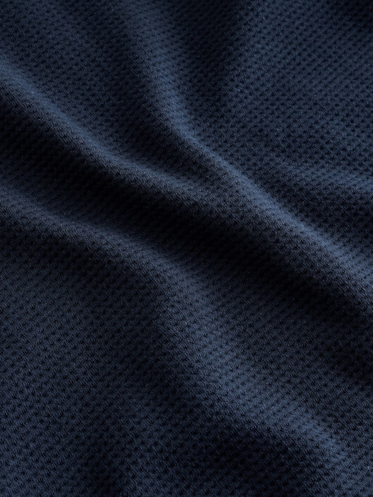 Navy Blue Long Sleeve Waffle Textured 100% Cotton Polo Shirt - Image 6 of 7