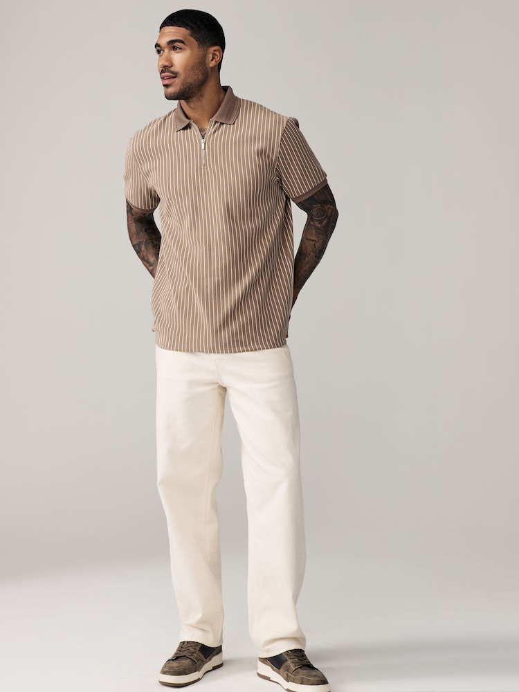 Neutral Vertical Stripe Quarter Zip Polo Shirt - Image 4 of 7